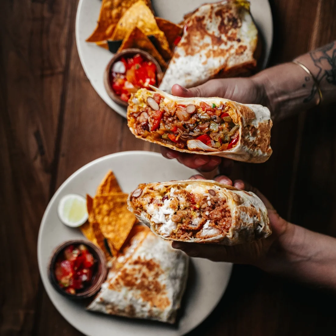 Burritos with rice, beans and salsa at Lola's Cantina Mexicana, Bali